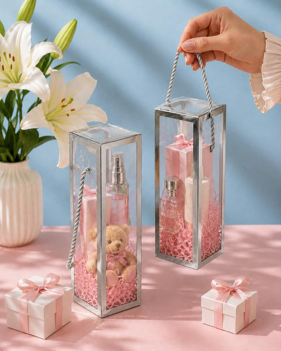 Clear Transparent Gift Box with Frame and Rope Handle for Hampers, Wedding Gifts, Return Gifts, Chocolates, Dry Fruits, Cosmetics, Baby Shower, Festive Gifting & Premium Gift Packaging (21 cm x 7 cm x 7 cm)