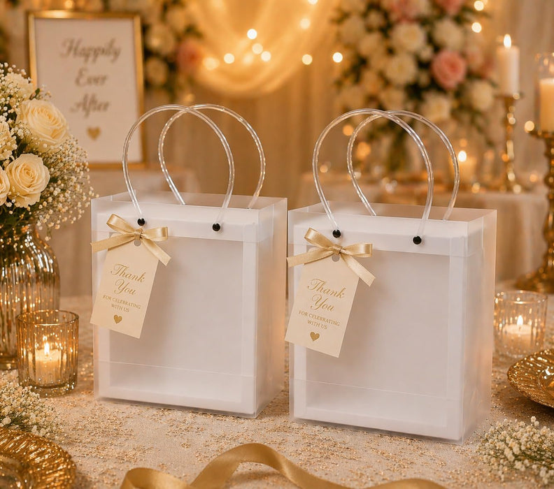 Foldable Transparent Gift Hamper Box with Handle | Reusable PVC Carry Bag for Gifting, Wedding Hampers & Packaging (Red, White, Sky Blue, Orange)