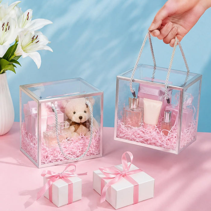 Clear Transparent Gift Box with Frame and Rope Handle for Hampers, Wedding Gifts, Return Gifts, Chocolates, Dry Fruits, Cosmetics, Baby Shower, Festive Gifting & Premium Gift Packaging (12 cm x 12 cm x 12 cm)