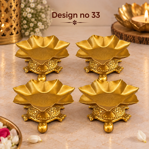 (Design No.33) Premium Golden Lotus Decorative Bowl with Turtle Base | Traditional Metal Urli Bowl | Diya, Flower Petals & Festive Home Décor