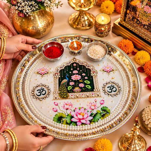 1 Pcs Premium Resin Art Pooja Thali  | Decorative Aarti Thali with Diya & Kumkum Bowls | Raksha Bandhan, Ganpati Aarti, Durga Pooja, Diwali, Navratri & Festive Pooja Plate