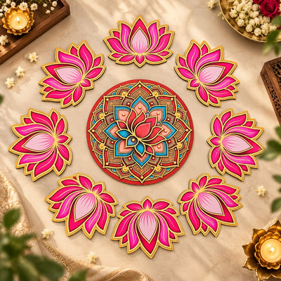 Ashtakamal 3D Look Rangoli Set DIY Kit | MDF Lotus Floral Rangoli for Home Entrance, Pooja Room, Wedding & Festive Decor