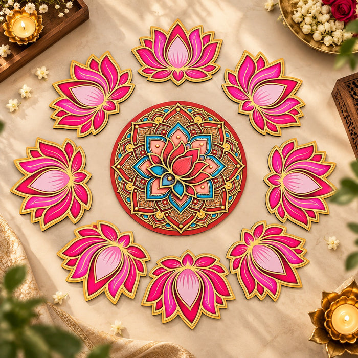 Ashtakamal 3D Look Rangoli Set DIY Kit | MDF Lotus Floral Rangoli for Home Entrance, Pooja Room, Wedding & Festive Decor
