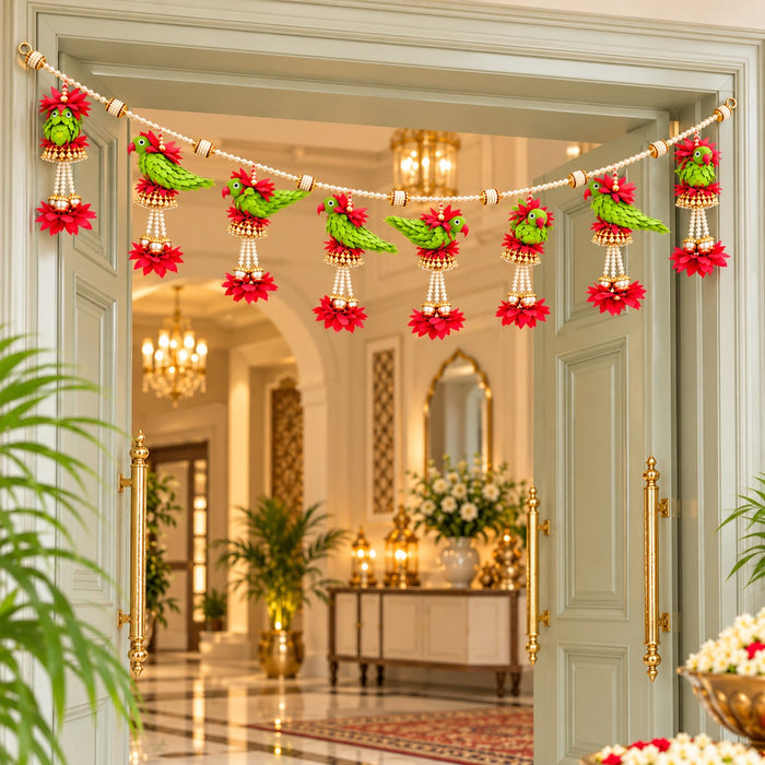 (Design No.16) Traditional Parrot Hanging Toran | 42 Inch Decorative Door Hanging for Diwali, Pooja & Festive Décor