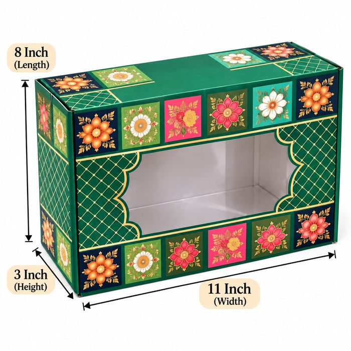 Premium Green Floral Printed Gift Hamper Box with Transparent Window | 11 × 8 × 3 Inch | Elegant Gift Packaging Box