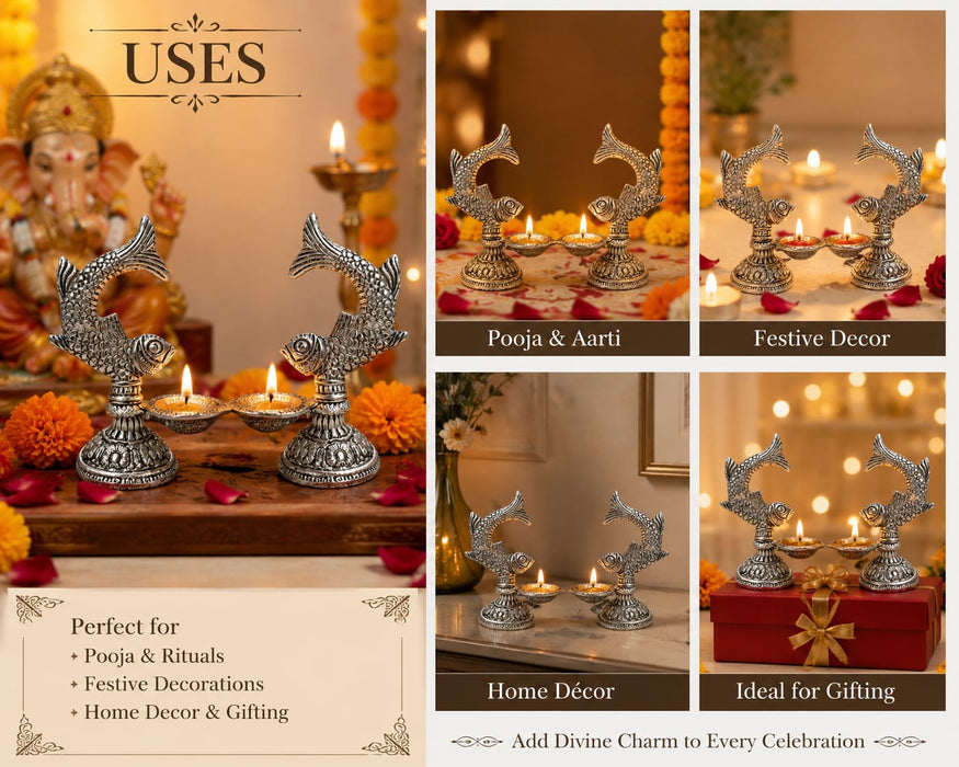 2 Pcs Metal Fish Diya Urli  Traditional Decorative Oil Lamp for Pooja, Home & Festive Décor | 4 Inch