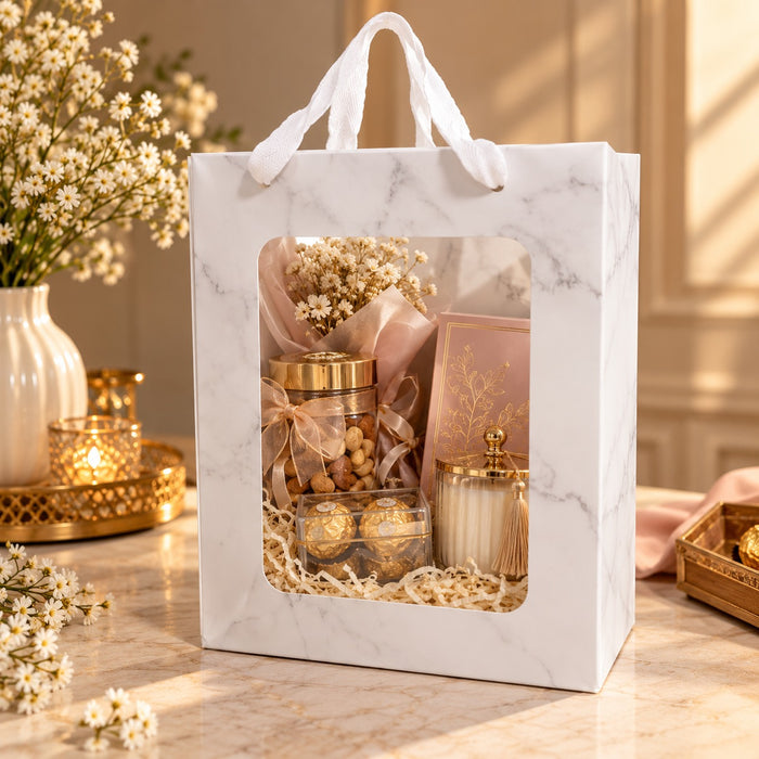 Big size Premium Marble Print Paper Gift Bag with Window & White Rope Handles | 10 × 7 × 5 Inch Luxury Gift Packaging Bag