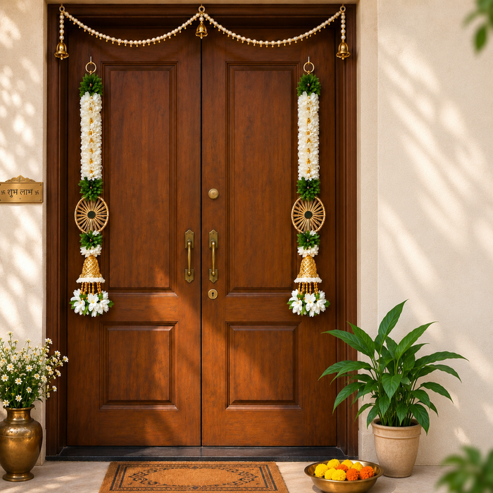 (Design No.14) Premium Floral Hanging Toran with Golden Bell & Decorative Ring | 21 Inch | Elegant Door & Wall Hanging for Festive Decor