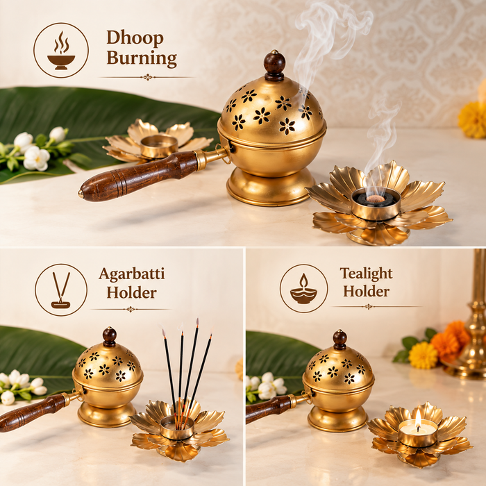 Combo Set of Dhoop Dani with Metal Lotus | Pooja, Home Purifying, Loban & Incense Burner, Diwali Décor