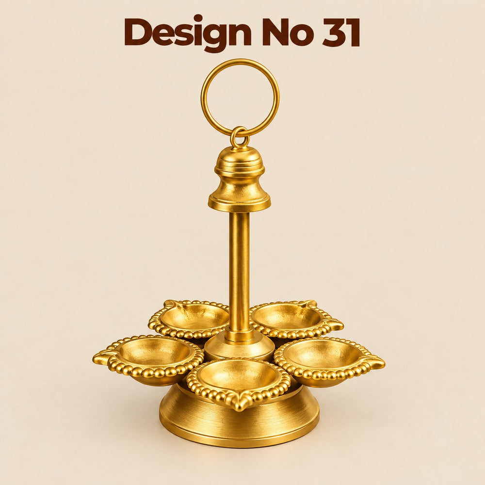 (Design No.31) Premium Metal Panch Diya Stand with Ring Handle | 9.5 Inch Height × 6 Inch Width | Traditional Pooja & Home Decor