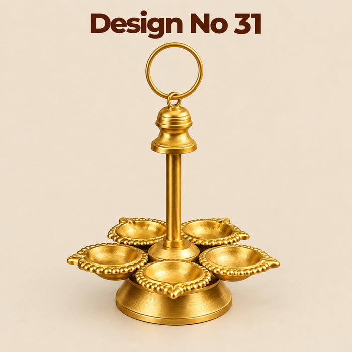(Design No.31) Premium Metal Panch Diya Stand with Ring Handle | 9.5 Inch Height × 6 Inch Width | Traditional Pooja & Home Decor