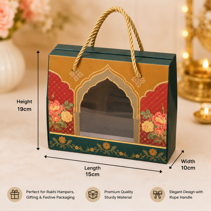 Royal Floral Window Hamper Box with Luxury Rope Handle | Premium Gift Packaging Box for Wedding, Rakhi, Diwali, Return Gifts, Chocolates & Dry Fruits | 19 × 15 × 10 CM