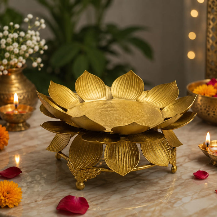 Gold Finish Metal Diya Urli for Home Décor, Pooja & Festive Decoration | Lotus Design Decorative Urli Bowl | 6 × 3 Inch