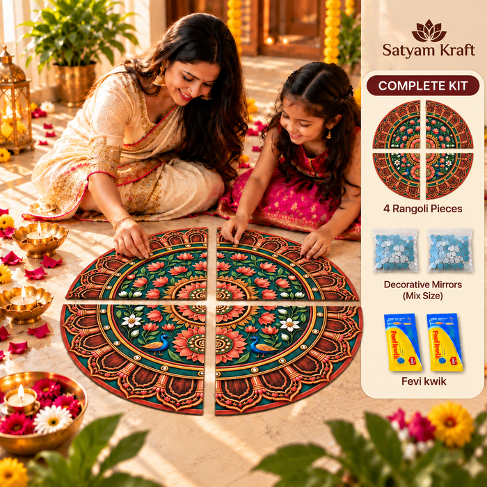 Heritage 3D look Rangoli MDF | Beautiful Lotus & Peacock Design | Reusable Rangoli for Diwali, Home, Festive, Ganpati & Durga Puja Decoration