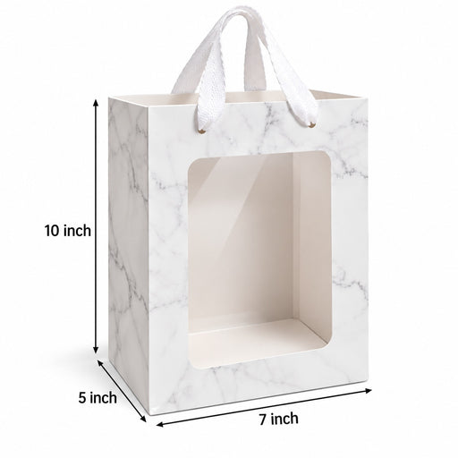 Big size Premium Marble Print Paper Gift Bag with Window & White Rope Handles | 10 × 7 × 5 Inch Luxury Gift Packaging Bag