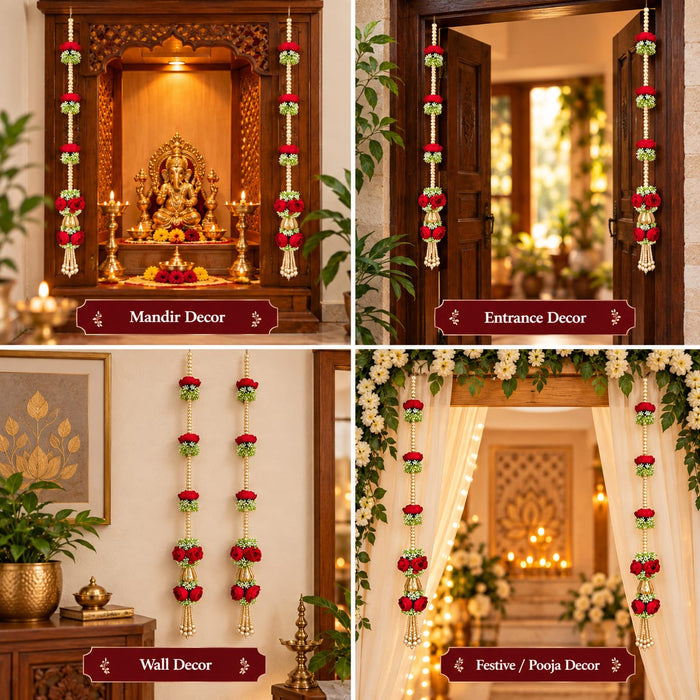 (Design No.7) Elegant Red Rose & Pearl Hanging for Home & Festive Decor | 34 Inch Artificial Floral Hanging with Golden Vase Detailing & Pearl Tassels | Door, Wall, Pooja & Wedding Decoration