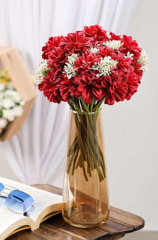 1 Bunch (7 head flower stick )Artificial Dahlia Fake Flowers for Home,Artificial Chrysanthemum Ball Flowers, Bedroom, Living Room, Decorative Items Office Table, Gifts (Without Vase Pot)