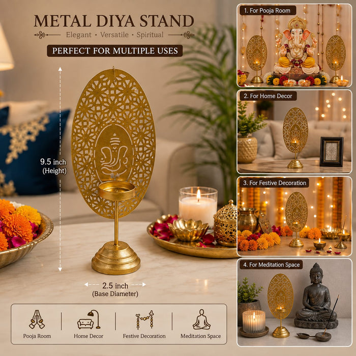 2 pcs ganpati Metal Diya | Gold Finish Ganesh Diya Stand for Pooja, Home Décor & Festive Decoration | 9.5 Inch