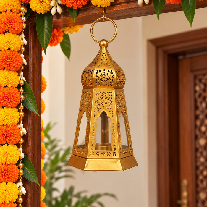 (Design No.39) Golden Metal Hanging Lantern for Diya & Candle | Decorative Moroccan-Style Lantern | 7.5 Inch Height × 3.5 Inch Width