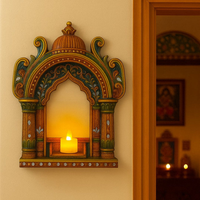 DIY Traditional Jharokha Mirror Kit (No Drill Required) with Free LED Candle & Hook – 2D Wooden MDF Wall Hanging Decor for Home, Mandir, Living Room, Festive Gifting & Decoration Showpiece