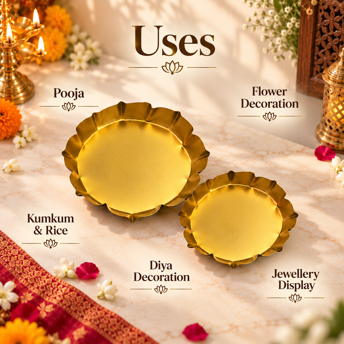 🌸 Premium Golden Metal Decorative Plate | Lotus Edge Pooja Thali & Diya Base | 4 Inch & 3.5 Inch ✨