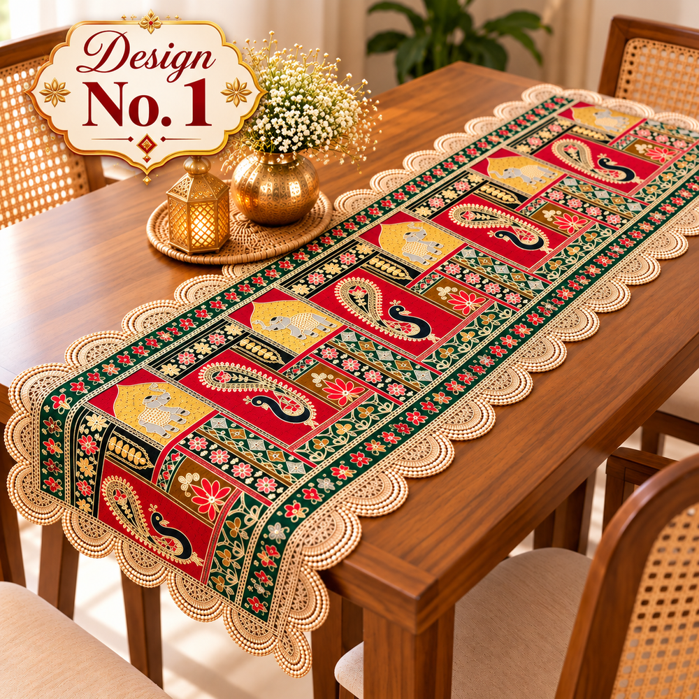 1 Pcs Traditional Indian Table Runner with Decorative Border | Ethnic & Festive Table Decor