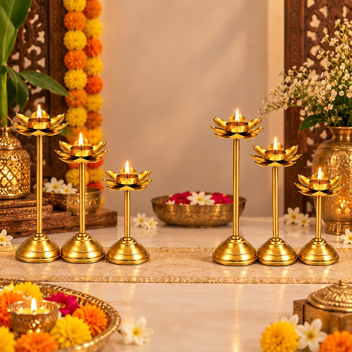 (Design No.38) 2 set (6pcs) Gold Lotus Candle Holder | Metal Lotus Diya Stand for Home Décor & Festive Decoration