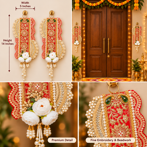 (Design No.3)(2 Pcs , 1 Pair)Traditional Embellished Door Hanging with Bell (2pcs) | Red & Golden Decorative| 15 × 5.5 Inch Wall Hanging