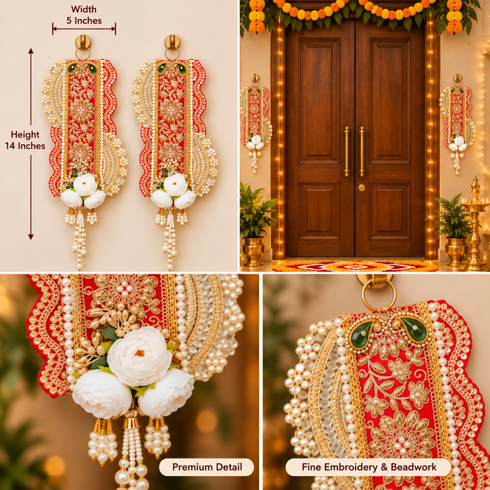 (Design No.3)(2 Pcs , 1 Pair)Traditional Embellished Door Hanging with Bell (2pcs) | Red & Golden Decorative| 15 × 5.5 Inch Wall Hanging