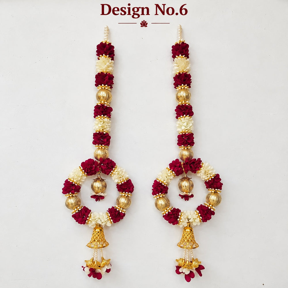 (Design No.6) Royal Maroon & White Flower Hanging for Home & Festive Decor | 29 Inch Artificial Floral Hanging with Golden Beads, Bells & Pearl Tassels | Door, Wall & Pooja Decoration