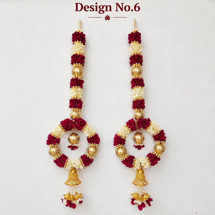 (Design No.6) Royal Maroon & White Flower Hanging for Home & Festive Decor | 29 Inch Artificial Floral Hanging with Golden Beads, Bells & Pearl Tassels | Door, Wall & Pooja Decoration