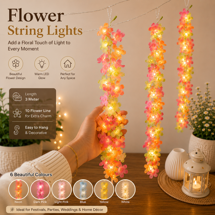 (DESIGN NO.7) 1 pcs Flower String Lights 3 Meter | 10 Flower Line Decorative LED Fairy Lights | Floral Hanging Lights for Home, Balcony & Festive Decoration