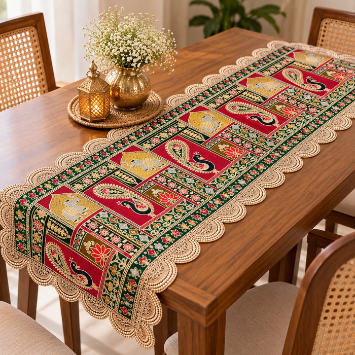 1 Pcs Traditional Indian Table Runner with Decorative Border | Ethnic & Festive Table Decor