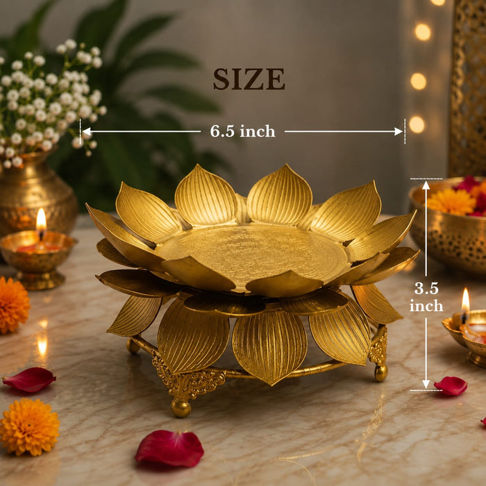 Gold Finish Metal Diya Urli for Home Décor, Pooja & Festive Decoration | Lotus Design Decorative Urli Bowl | 6 × 3 Inch