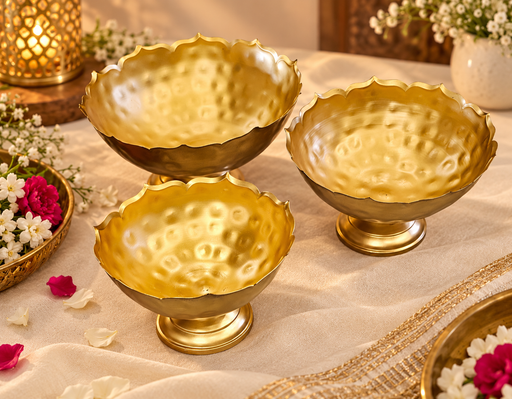 1 Set (3 Pcs) Decorative Lotus Design Gold Polish Urli Bowl | Home, Mandir, Diwali & Table Décor (Golden)