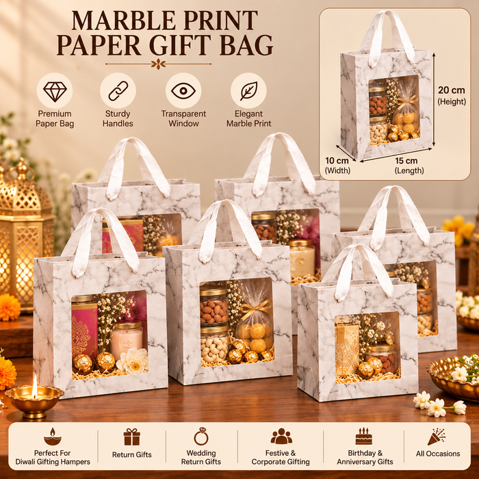 Premium Marble Print Paper Gift Bag with Window | 20 × 15 × 10 CM | Elegant Hamper & Return Gift Bag