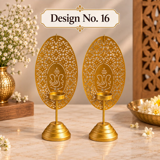 (Design No.16) 2 pcs ganpati Metal Diya | Gold Finish Ganesh Diya Stand for Pooja, Home Décor & Festive Decoration | 9.5 Inch