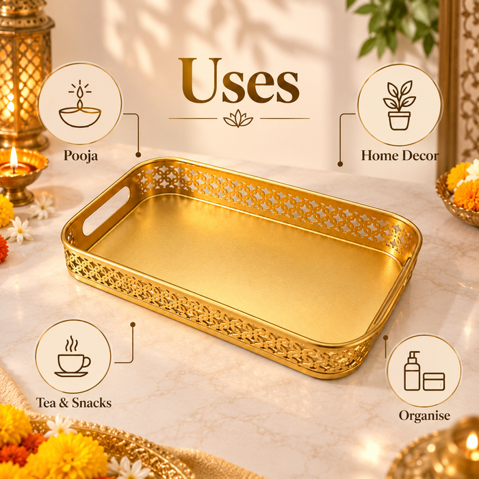 (Design No.30) Premium Golden Decorative Serving Tray with Cutwork Design | Elegant Metal Tray with Handles | Luxury Gift, Wedding & Home Décor Tray