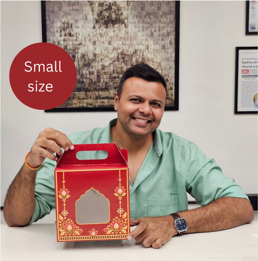 Small size Premium Red & Gold Decorative Gift Hamper Box with Handle & Window | 8 × 8 × 4 Inch Gifting Box