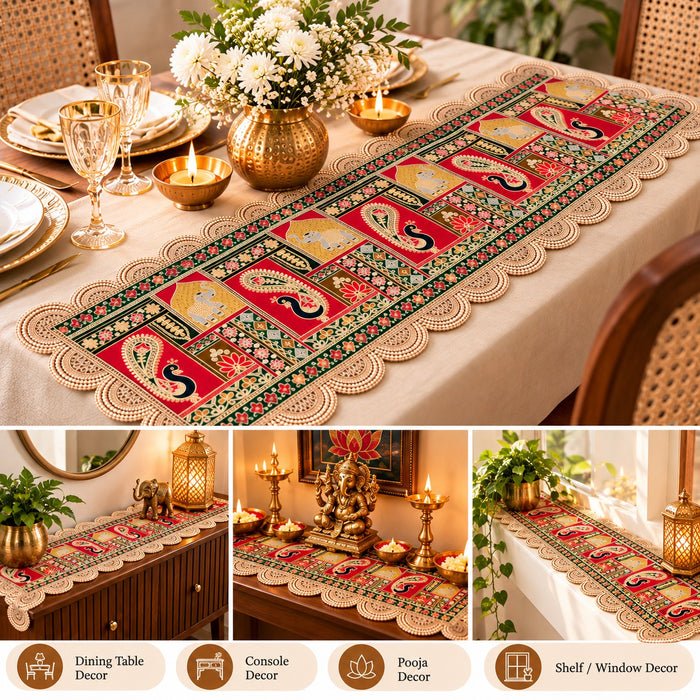 1 Pcs Traditional Indian Table Runner with Decorative Border | Ethnic & Festive Table Decor