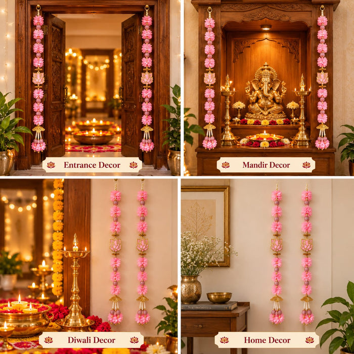 (Design No.8) Pink Flower & Ganesha Hanging Toran | 41 Inch Floral Door Hanging for Home, Pooja Room & Festive Decor
