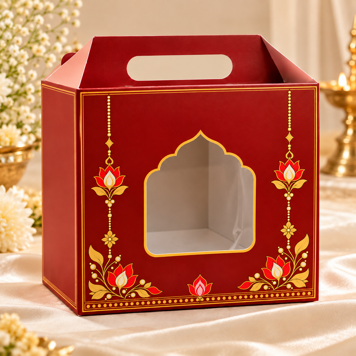 Small size Premium Red & Gold Decorative Gift Hamper Box with Handle & Window | 8 × 8 × 4 Inch Gifting Box