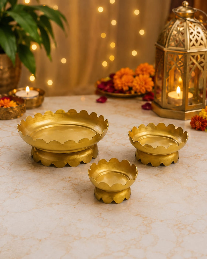 Metal Lotus Diya Urli Set of 3 | Small, Medium & Big Size | Traditional Decorative Urli for Pooja, Home & Festive Décor
