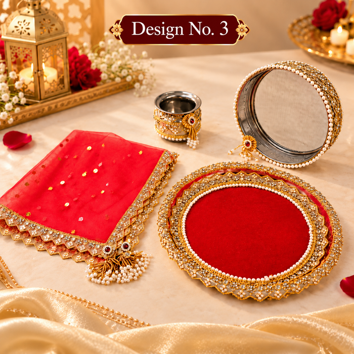 Premium Karwa Chauth Pooja Thali Set | Traditional Red & Gold Decorative Thali | Festive Pooja & Vrat Accessories