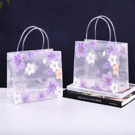 Purple Transparent Gift Bag with Floral Print    | Gift Bag for Her/Him,  hamper bag, Carry Bags, shopping gift bag, Presents, Packing, Wedding Return Gifts, Birthday, Events, Festivals (24 cm x 22 cm)