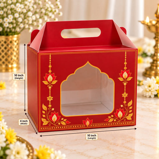 Big size Premium Red Gift Hamper Box with Window & Handle | 10×10×4 Inch Decorative Gift Packaging Box | Diwali, Wedding & Festive Gifting