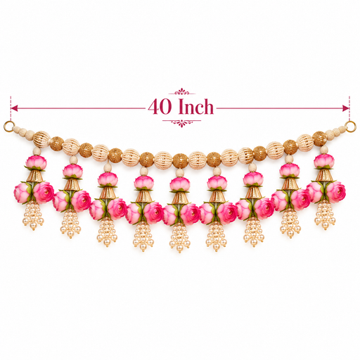 (Design No.5) 1 pcs  Premium Pink Rose Floral Toran 40 Inch | Elegant Pearl & Golden Door Hanging Decoration |