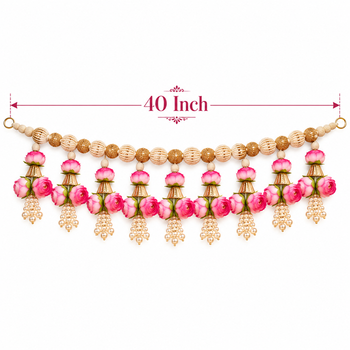 (Design No.5) 1 pcs  Premium Pink Rose Floral Toran 40 Inch | Elegant Pearl & Golden Door Hanging Decoration |