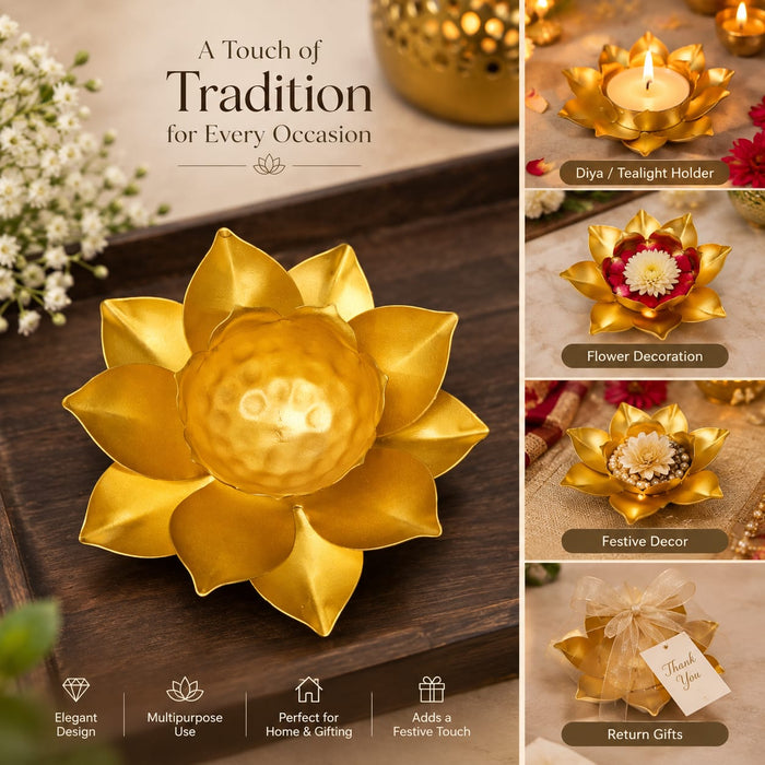(Design No.37) 2 pcs Golden Lotus Diya Candle Holder | Metal Lotus Tea Light Holder for Diwali & Home Décor