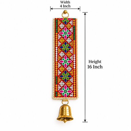 (Design No.2)( 2 pcs )Traditional Embellished Door Hanging with Bell | Red & Golden Decorative| 16 × 5.5 Inch Wall Hanging